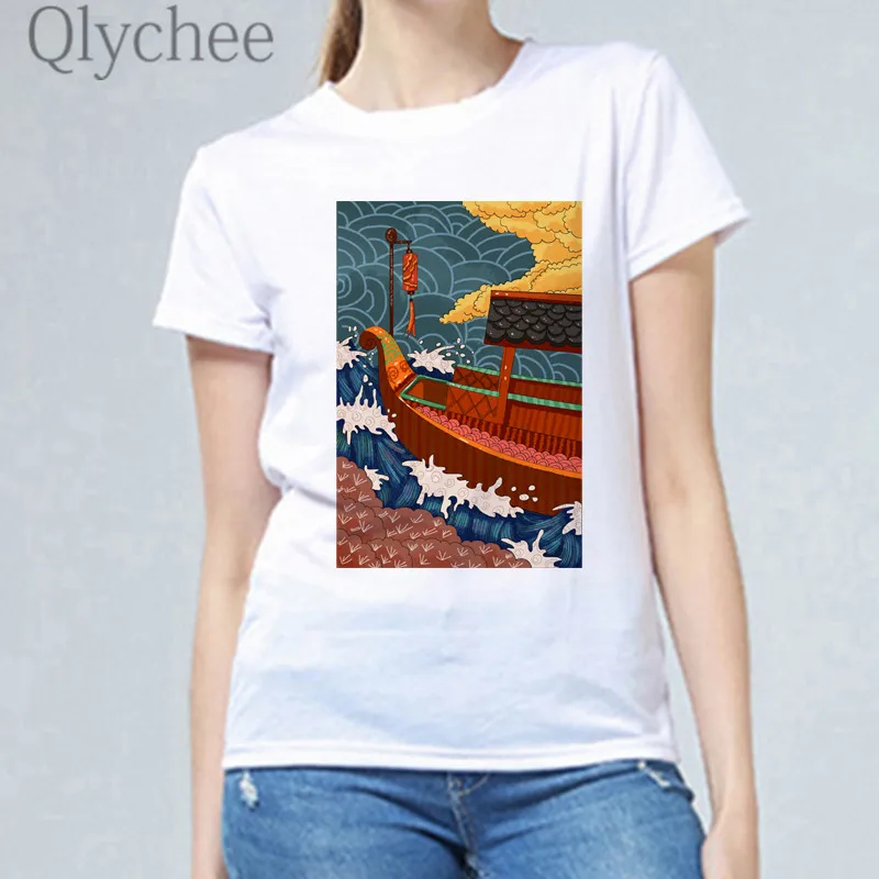 

Qlychee Harajuku Illustration Women's T Shirts Top Tees Boat Print Lady T-shirts T Shirt Summer Color Block Women T Shirts