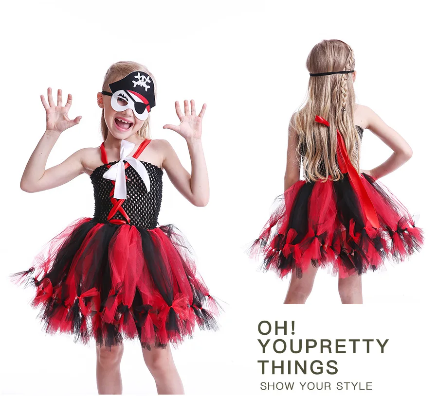 Girls Pirate Wench Tutu Dress with Skull Mask Petti Style Fluffy Halloween Tulle Dress Kids Fancy Photography Prop Dress Up (8)