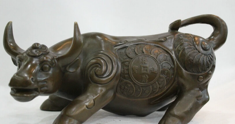 

JP S62 13" China Chinese Asian Feng Shui Pure Bronze Fu Money Rich Bull Oxen Statue K