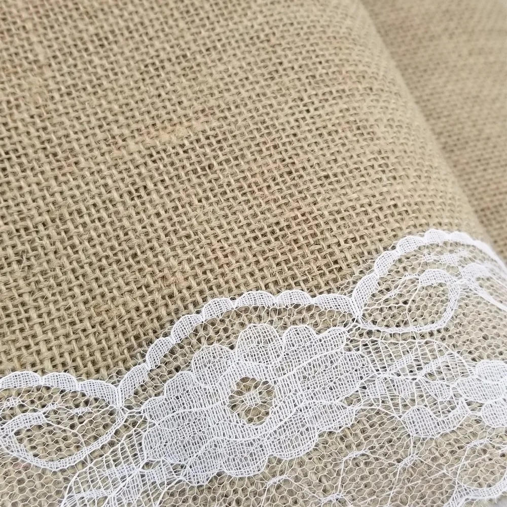 

30*275CM Natural Jute with White Lace Table Runner for Wedding Rustic Linen Hessian Burlap Party Supplies Wedding Decoration