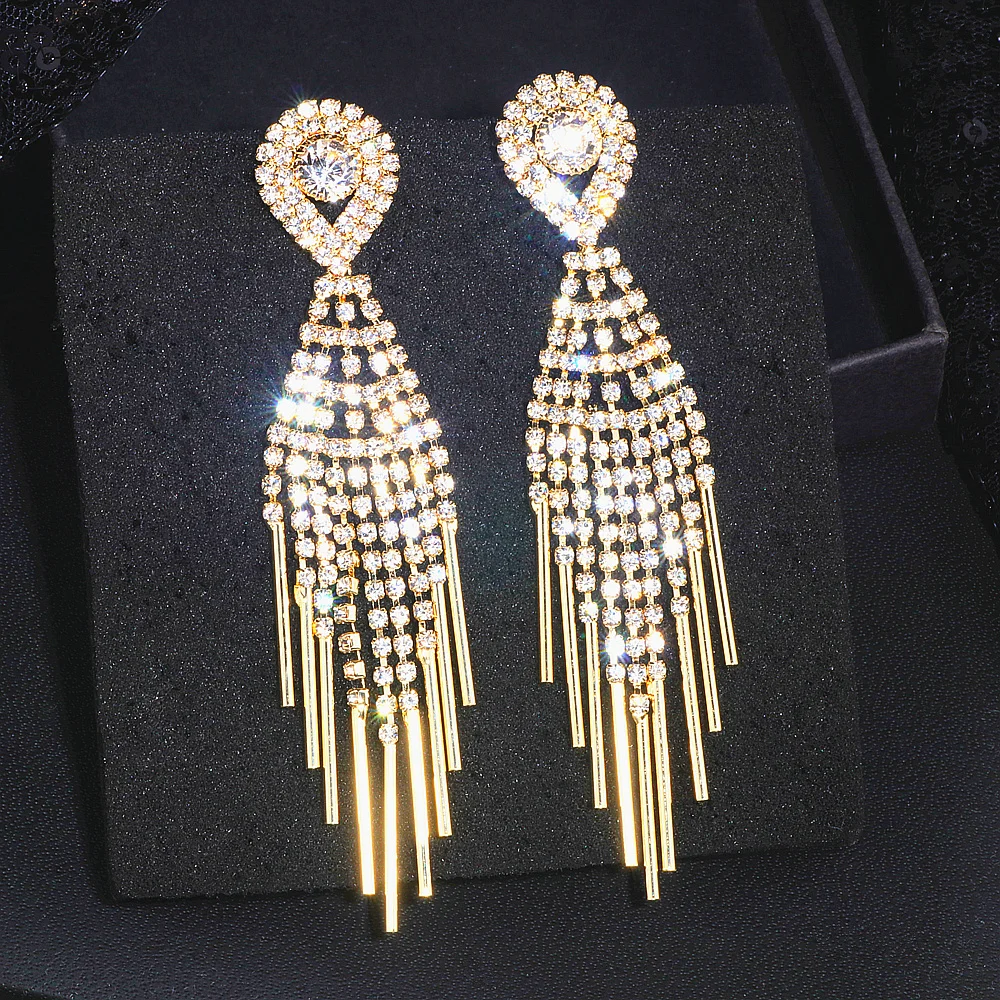 

New Long Tassel Crystal Drop Dangle Earrings Gold Color Rhinestone Earrings for Women Wedding Party Jewelry Bridal Earring WX211