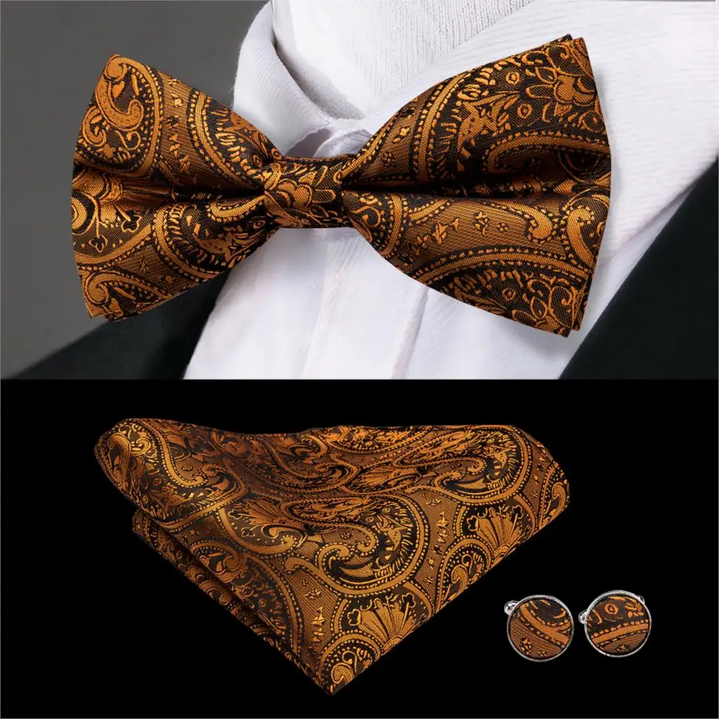 

LH-798 Hi-Tie Luxury Paisley Silk Bow Ties for Men Brown Butterfly Pre-Tied Bow Tie Hanky Cufflinks Set Wedding Classic Bowties