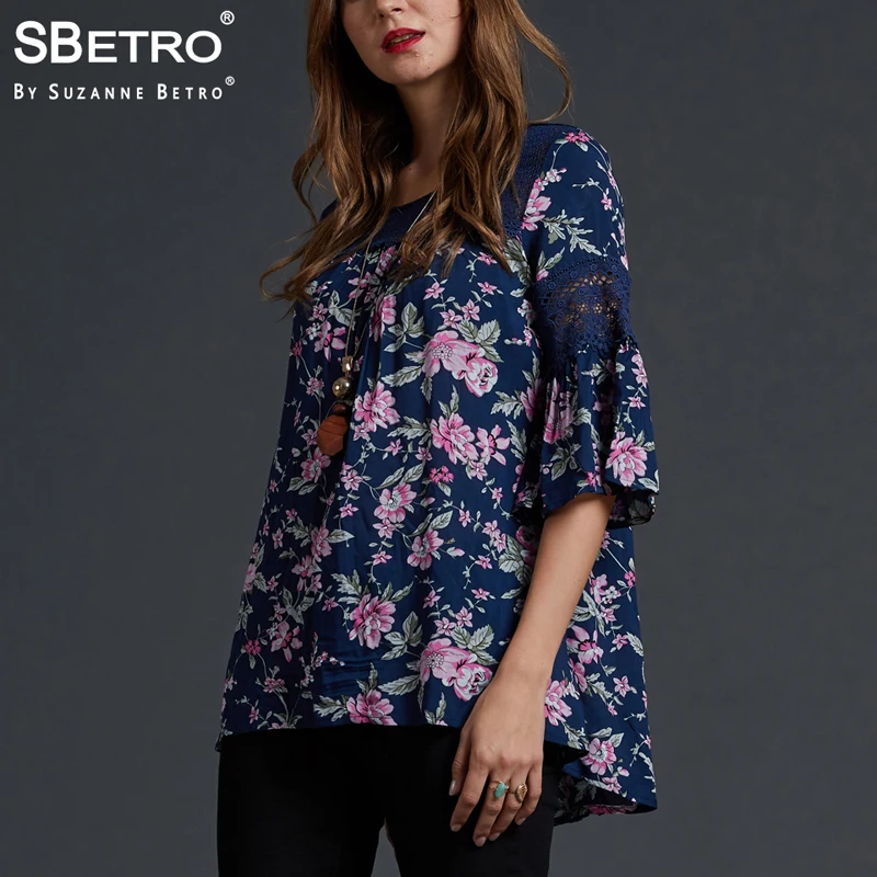 

SBetro Women Casaul Blouses Shirt Floral Print Crew Neck Tops Navy 3/4 Bell Sleeve Lace Ladies Tunic Top Blouse