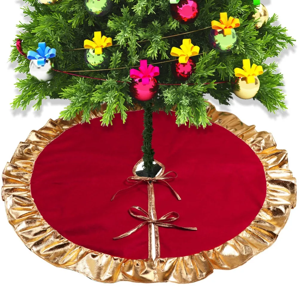 

OurWarm 90cm Non-woven Christmas Tree Skirt Gold Ruffle Edge with Bow for Xmas Party Home Decoration New Year's Products