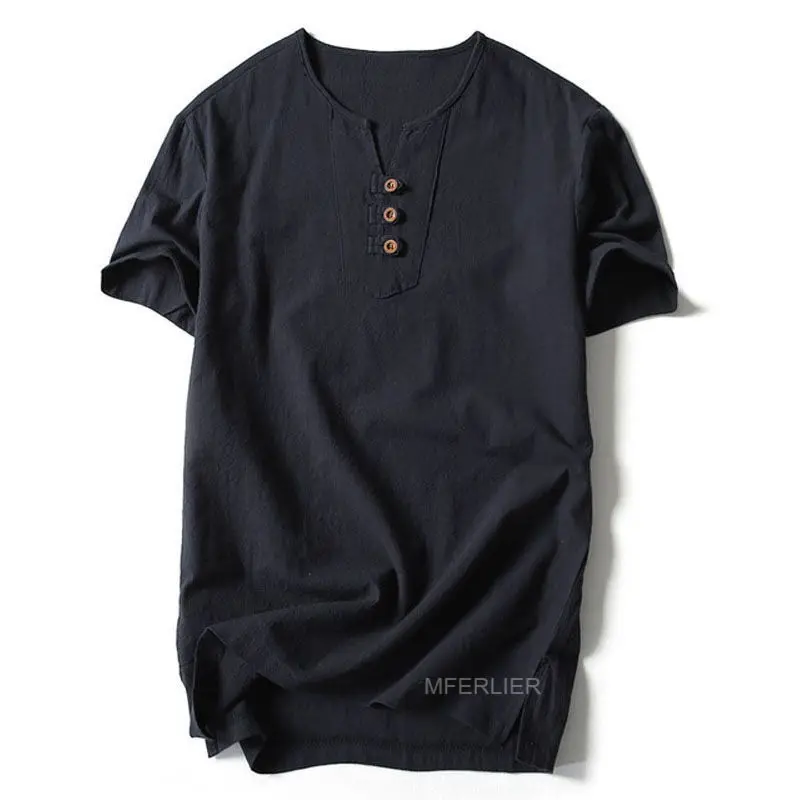 MFERLIER Летняя мужская рубашка большого размера 5XL 6XL 7XL 8XL 9XL 10XL хлопок лен бюст 154 см Мужская рубашка 5 цветов - Цвет: Черный
