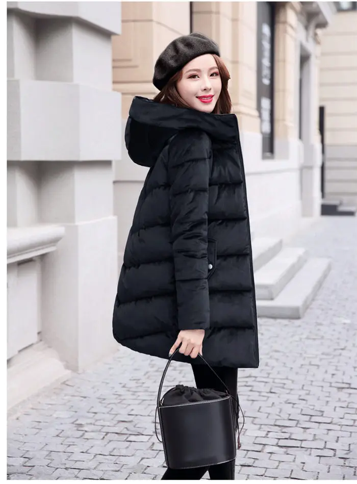 Хлопковая куртка, женское повседневное длинное пальто, зимняя корейская мода, тонкая куртка с капюшоном, толстая Золотая Бархатная парка, пальто на молнии, Классическая верхняя одежда f1219