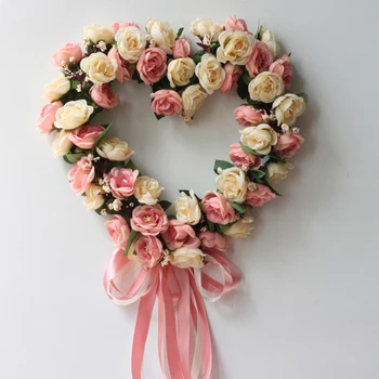 

Handmade Artificial Rose Flowers Wreath Wedding Decorative Heart Flower Garland Door Trim Garishness Home Party Decor 3 Colors