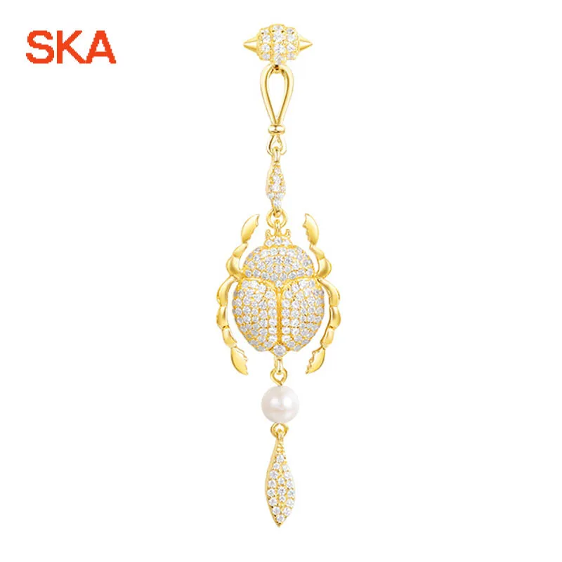 

SKA Drop Earrings For Women Brand Jewelry Scarab AAA Zircon Asymmetrical Golden 925 Silver Women's Earring AE10740XPLY