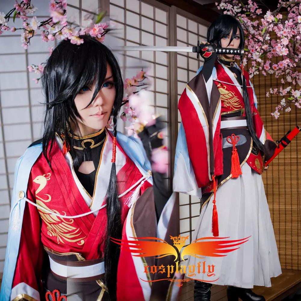 

HOT Webgame Touken Ranbu Izuminokami Kanesada Battleframe Cosplay Costume Red Printed Kimono Skirt Blue Cloak