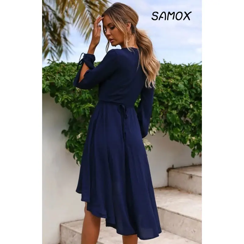 JSMY 2019 New Tuxedo Dress Summer Fashion Women Long Sleeve V-neck Chiffon Drawstring Irregular