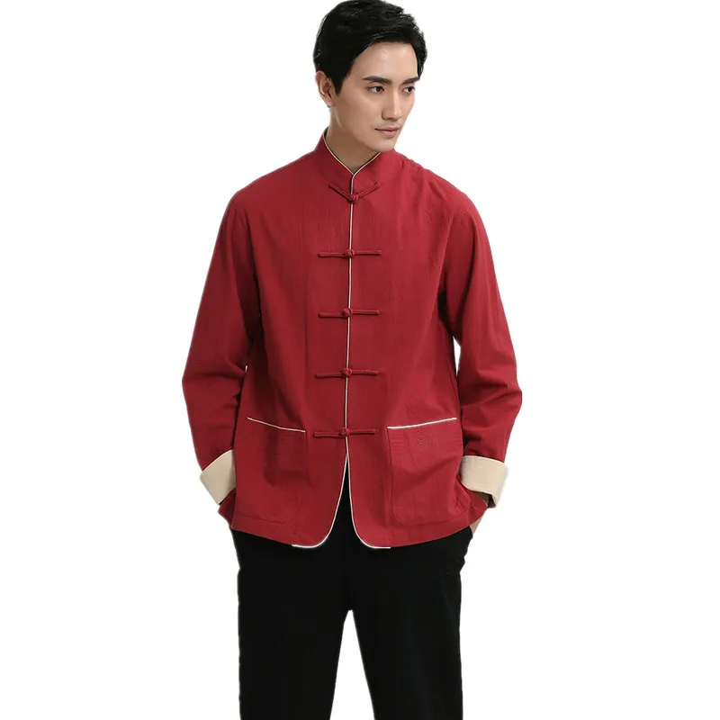 New RED Men Casual Fit Mandarin Collar Cotton Linen Shirt Chinese Kung