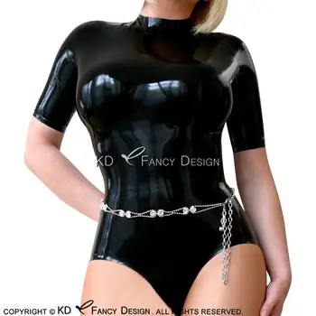 

Black Sexy Latex Swimsuit With Half Sleeves And Back Short Zipper Rubber Bodysuit Body Suit Catsuit Without Steel Belt LTY-0205