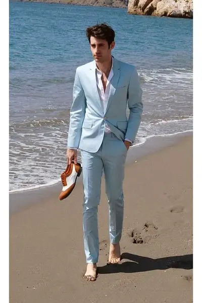 2018 Sky blue simple men suits Beach suits Summer jacket