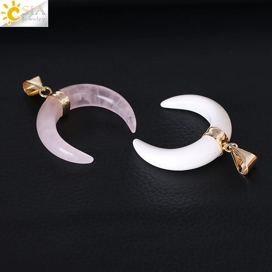 CSJA Natural Stones Crescent Moon Necklaces Pendants Purple Crystal Pink Quartz White Stone Gold Color Reiki Women Jewelry F306