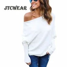 JTCWEAR Autumn Slash Neck Woman Sweater One Shoulder Fit Flare Batwing Long Sleeve Loose Casual Lady Knitted Sweater Shirts 508