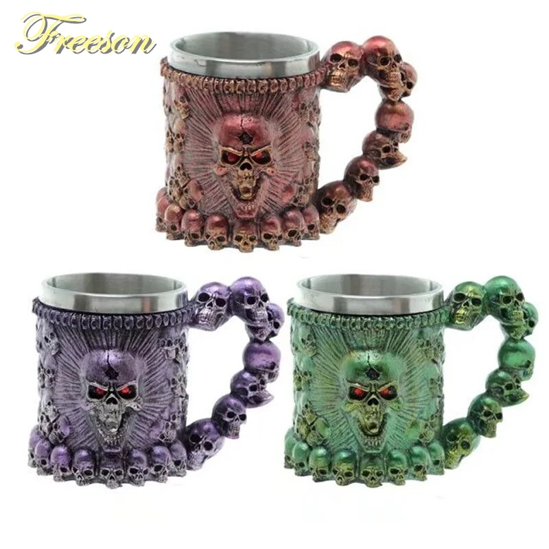 

Creative Skull Monster Resin Stainless Steel Beer Mug 350ml Coffee Mug Personality Tankard Pub Bar Halloween Decor Gift Dropship