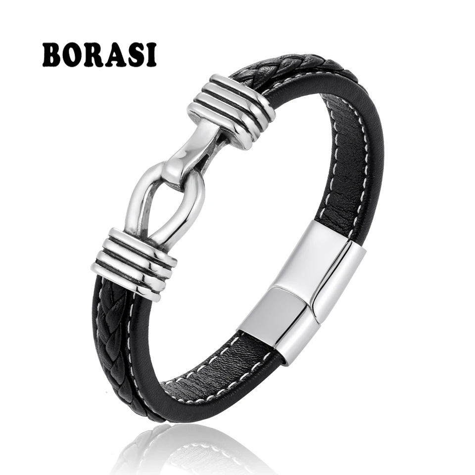 

BOBASI Fashion Men Jewelry Genuine Leather Bracelets Stainless Steel Charm Bracelet Handmade Wristband Men's Bracelets & Bangles