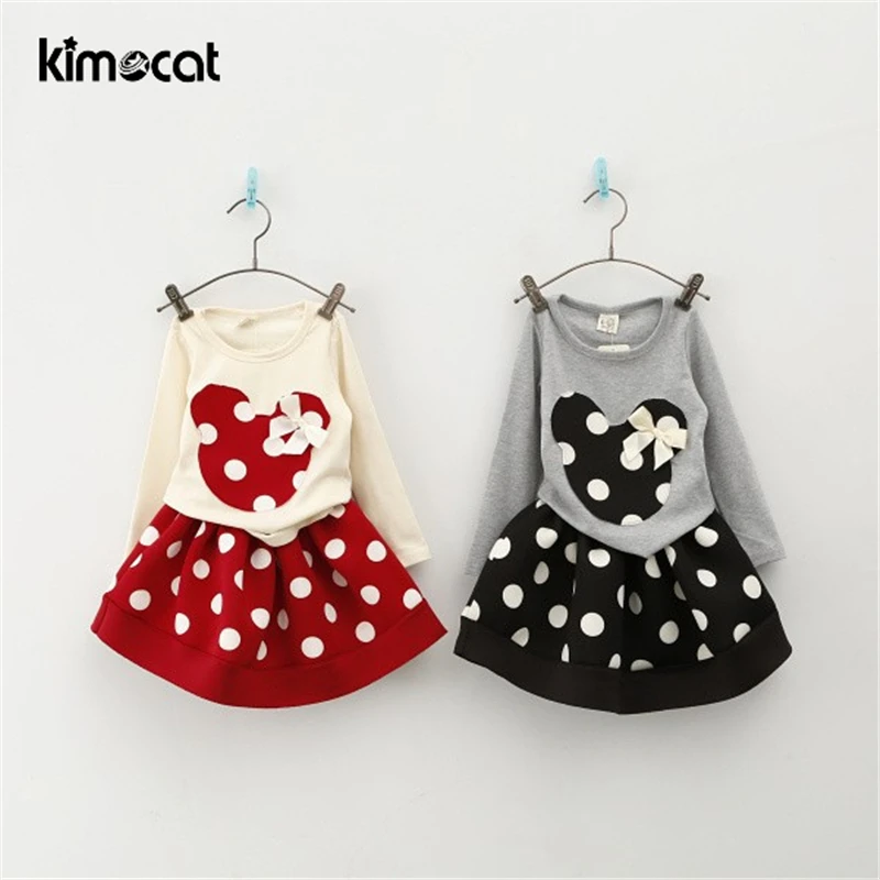 

Kimocat Spring and autumnNew Children Girl's 2PC Sets Skirt Suit Minnie Mouse baby sets dots skirt dots pants kids