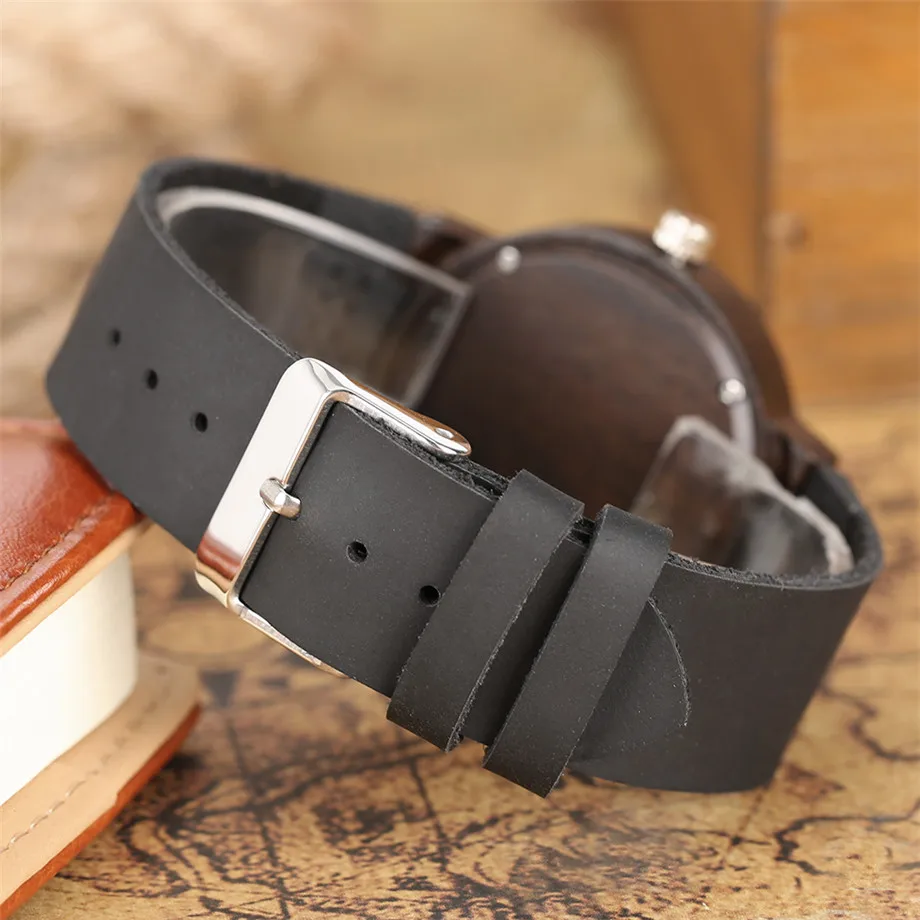 wood watch with genuine leather watchband