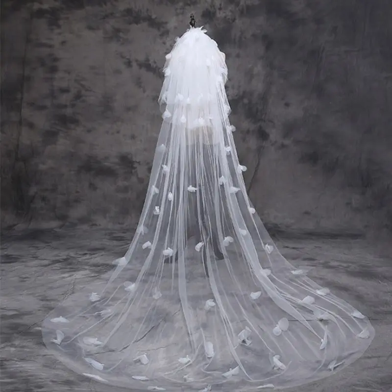 

Korean Style 3 Tier Womens Rose Flower Petals Faux Pearl Decor Wedding Veil Fancy Irregular Trailing Cathedral Long Bridal Veil