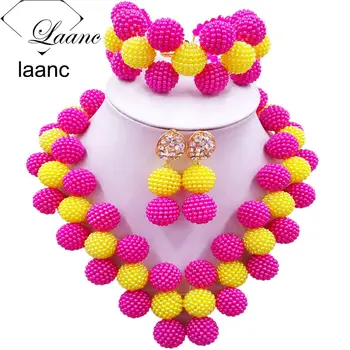 

Laanc Latest Hot Pink and Yellow African Beads Necklace Jewelry Set for Women Nigerian Wedding JXZ021