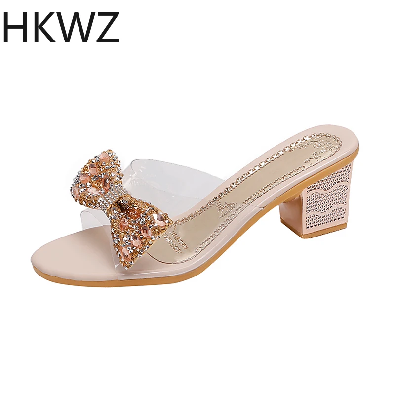 

With 6cm high heels summer hot fish mouth bow transparent wear slippers thick with rhinestone banquet party wild women's shoes