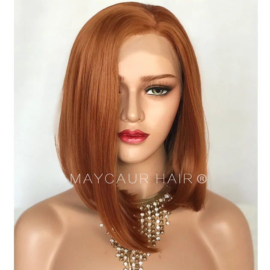 Maycaur Short Bob Synthetic Lace Front Wigs Natural Hairline Orange Color Glueless Straight Cut Bob Hair  for Women (2)