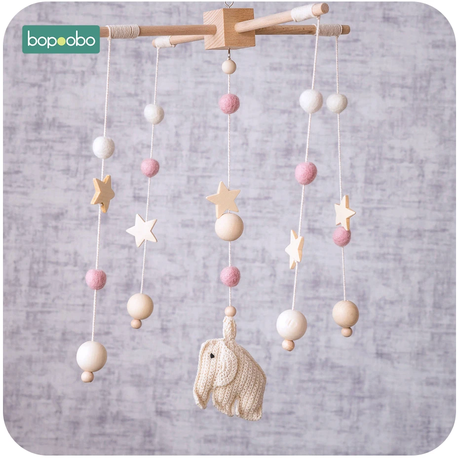 Bopoobo 1 set Baby Crib Mobile Beech Wood Elephant Rattles Wool Balls Kid Room Bed Hanging 1
