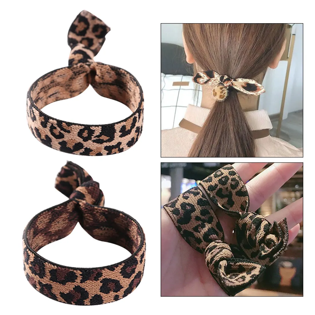 

Korean Women Elastic Hair Rope Leopard Pearl Elastics for Ladies Stretchy Rainbow Hair Band Hair Holder Hair Accessories 2PCS