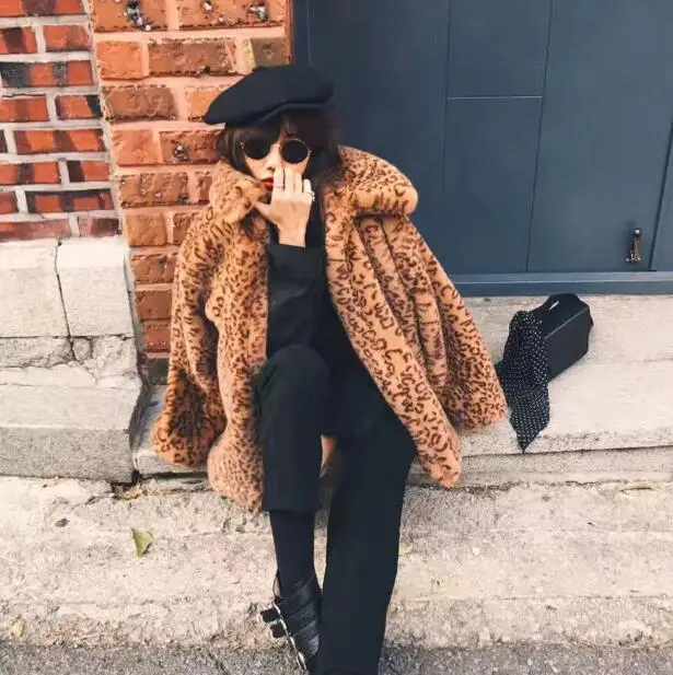 Винтаж нагрудные Leopard волосатые лохматый Искусственный мех Блейзер Пальто 2018