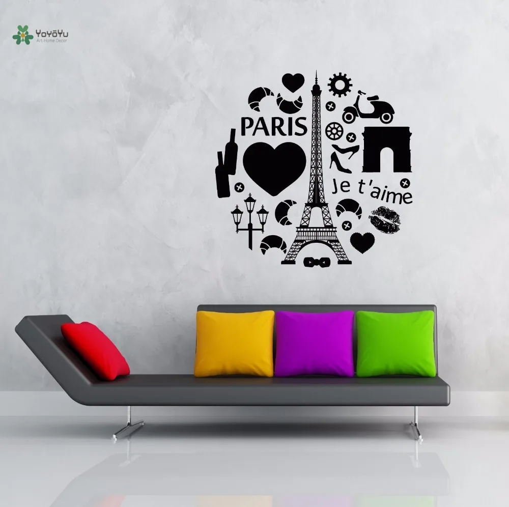 

YOYOYU Vinyl Wall Decal "Paris Jet Aime" Heart Eiffel Tower Travel France Various Objects Decoration Stickers FD128