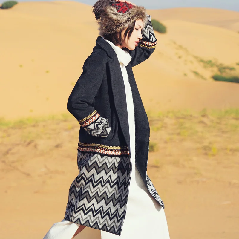 

AIGYPTOS Aporia.As New Winter Women Vintage Long Sleeve Turn-Down Collar Medium-Long Colorant Match Black Woolen Coat Jacket
