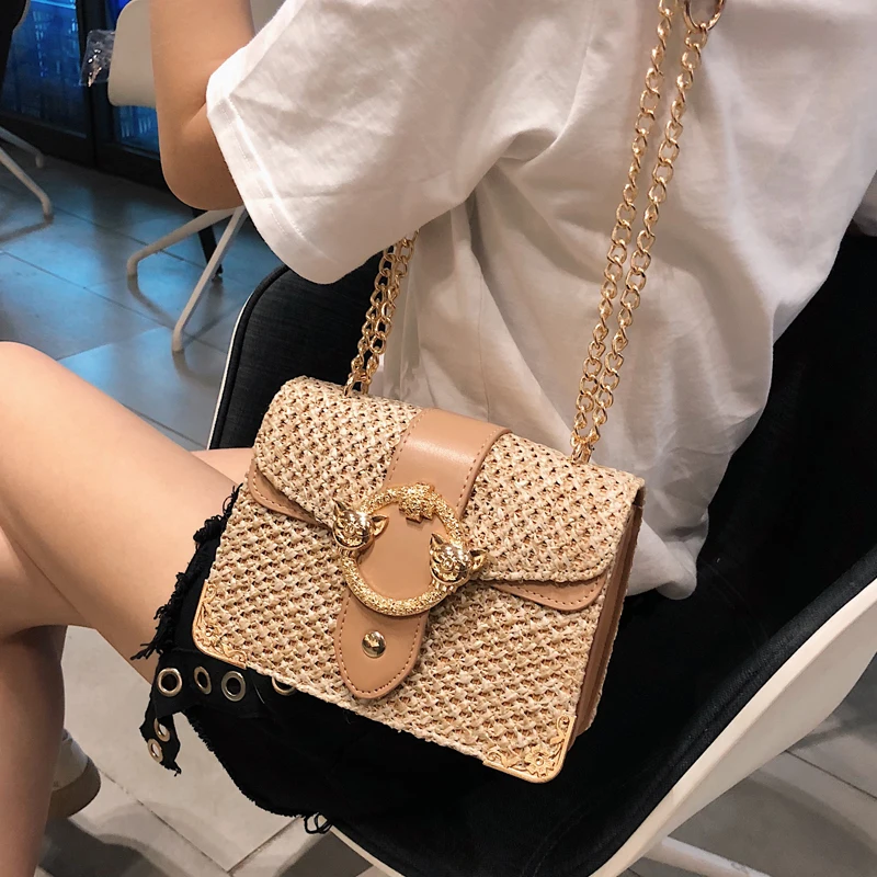 Элегантная женская квадратная сумка с клапаном летняя новая качественная Соломенная женская дизайнерская сумка с замком на цепочке дорожная сумка через плечо