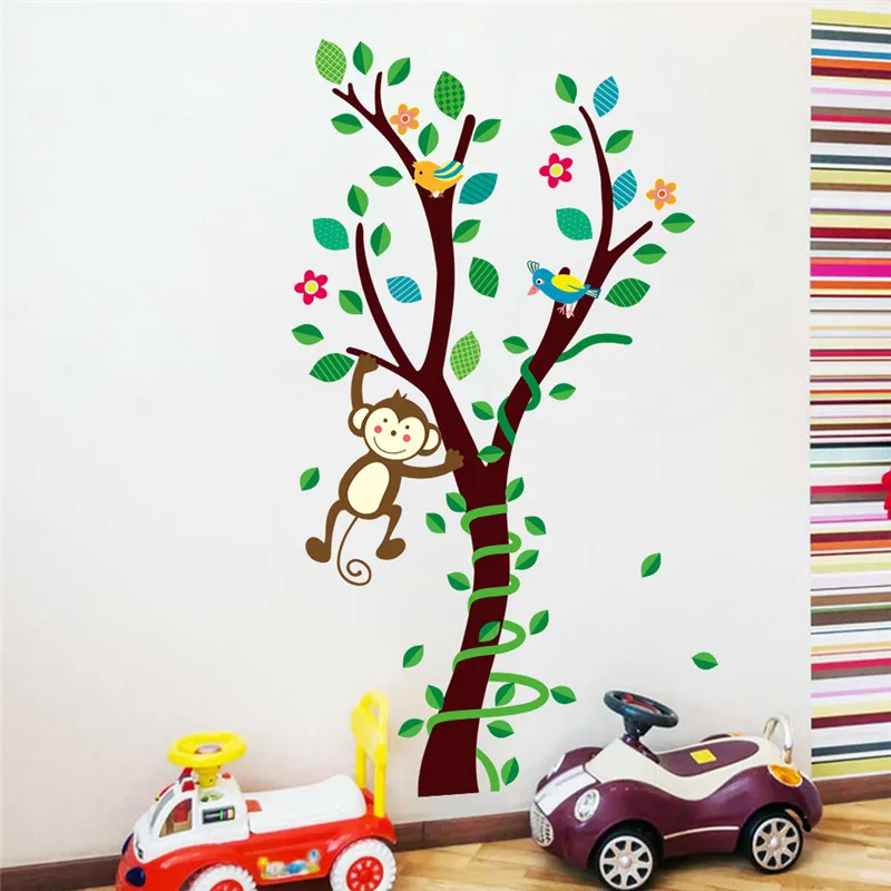 

Safari Monkey Playing On The Tree Wall Stickers For Kids Rooms Flower Wall Decals Cartoon Nursery Room Decor Poster Mural