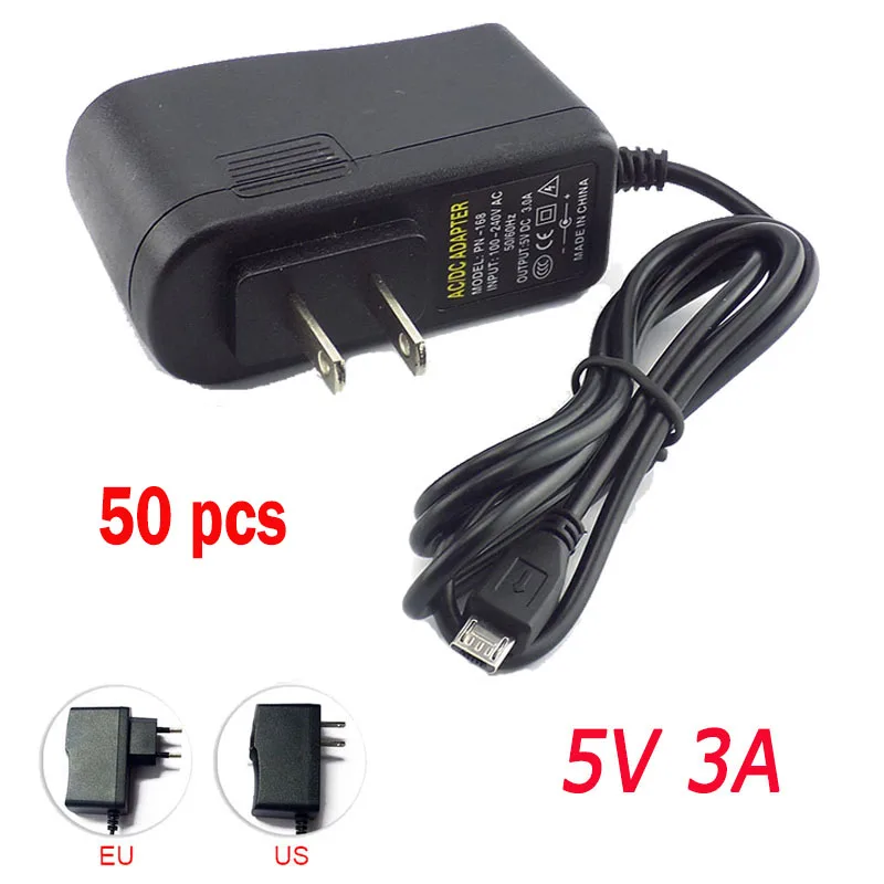 50pcs AC to DC 5V 3A Micro Usb Power Adapter Supply Charger Transformer 100V-240V EU US Cord Plug For Raspberry Pi Zero Tablet