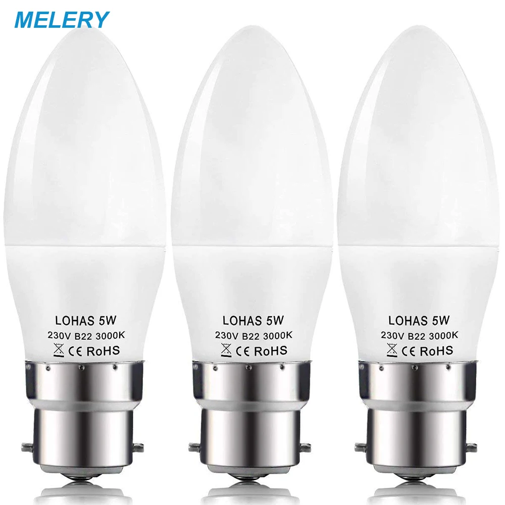 

Bayonet LED Candle Bulbs 5Watt B22 40Watt Incandescent Bulb Equivalent Day White 3000/6000K 480lm Non Dimmable Light Bulbs-3Pack