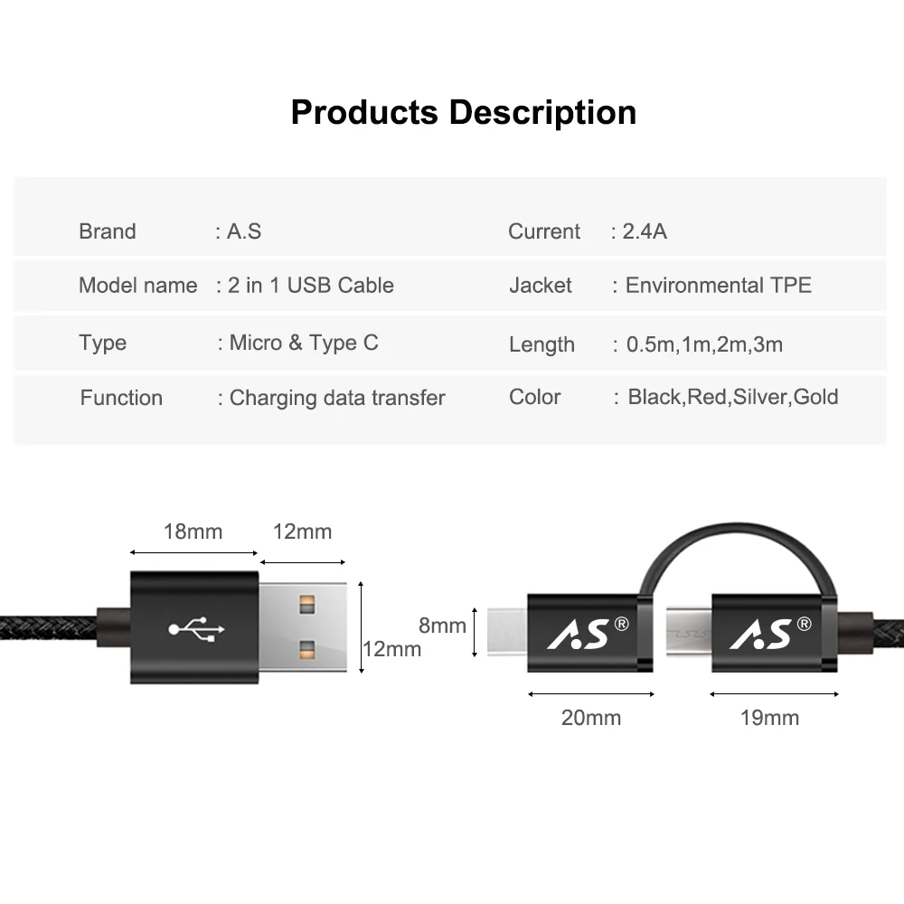 A. S 2 в 1 Micro USB кабель USB C type-C кабель для быстрой зарядки usb type C кабель для samsung Galaxy S9 S8 Note 8 Xiaomi huawei QC3.0