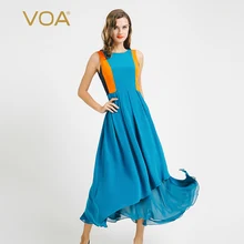 VOA Cyan High-End Heavy Silk Summer Beach Dress New Female Stitching Color Slim Irregula Ankle Vestido A6682