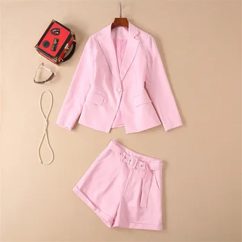 

Summer Fashion Celebrity Formal Pink Shorts Suits Single Button Blazer Shorts Runway Linen Cotton Sweet England Style Outfits