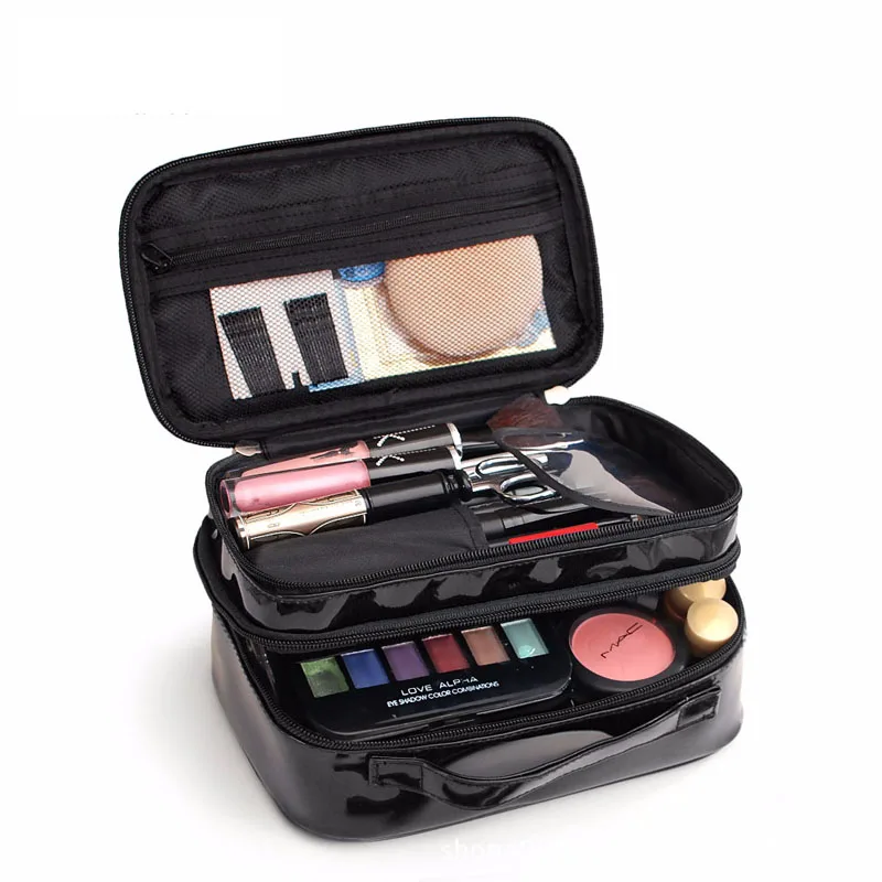 

Double layer PU Lady's Cosmetic Bags Waterproof Make Up Tools Organizer Pouch Wash Toiletry Vanity Travel Case Box Accessories