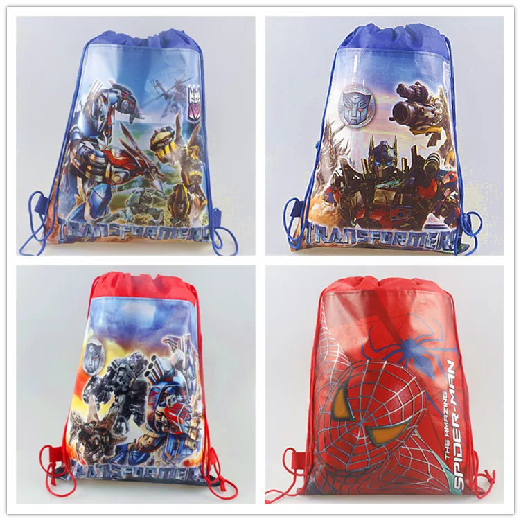 

12Pcs Transformeres Spiderman Cartoon Kids Drawstring Printed Backpack Shopping School Traveling Party Bags Birthday Gifts