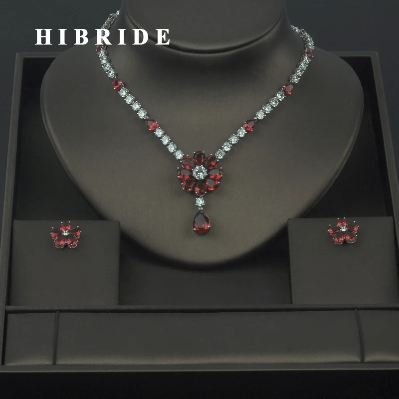 

HIBRIDE 4 Color Available Elegant Flower Design Rhinestone CZ Pave Necklace Earring Sets For Women Jewelry Sets Gifts N-299