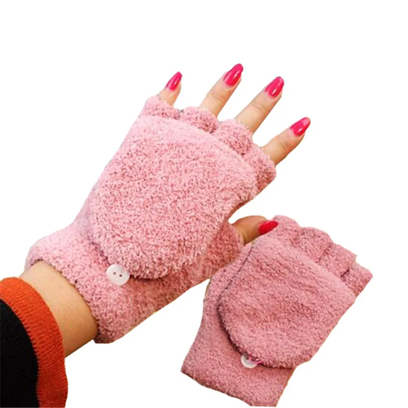 Winter Luvas Women Half Finger Keyboard Gloves Coral Fleece Eldiven Thick Flip Cap Mittens