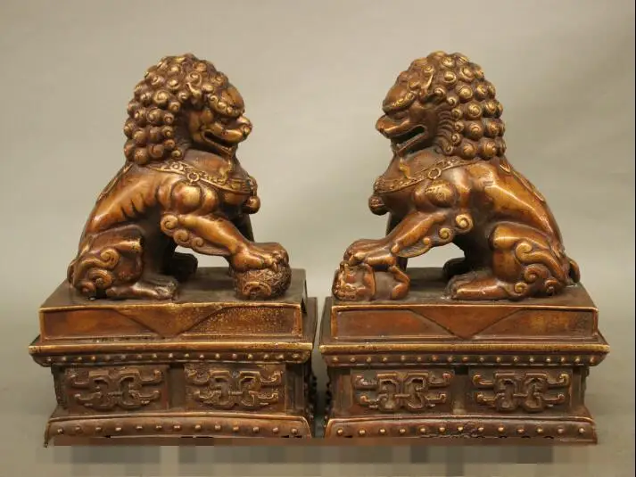 

S5358 8" FengShui Chinese Bronze Folk Guard Lucky Foo Fu Dog Door Lion Statue Pair