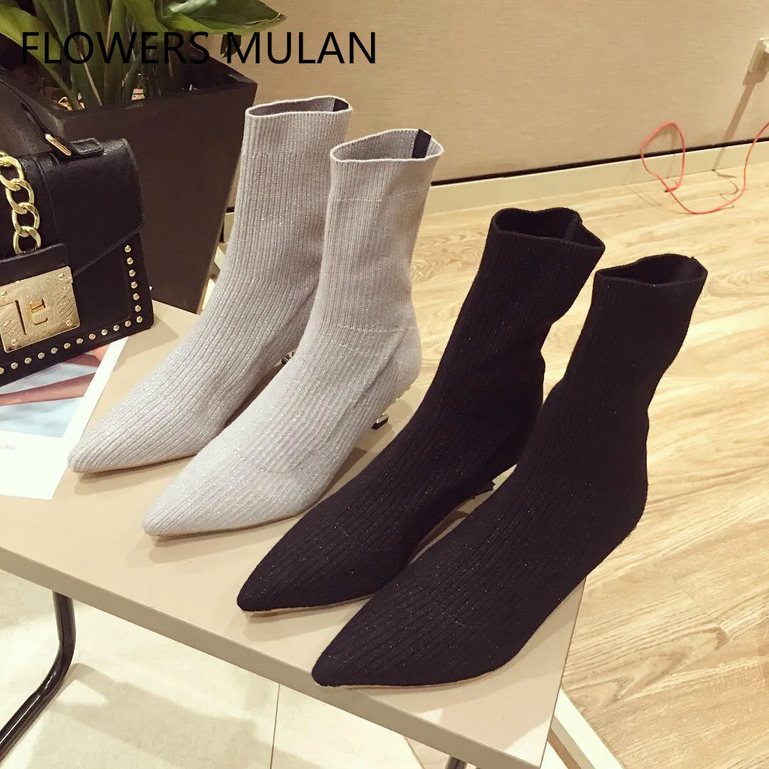 

New Designers Famous Brand Woman Ankle Boots Pointed Toe Slip On Stretch Fabric Sock Botas Ladies Middle Crystal Heel Shoes Girl