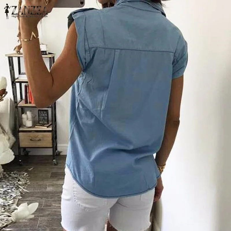  Denim Tops Single Breasted Sleeveless Tops Plus Size Fashion Jeans Blouse Women Shirts Summer Cloth