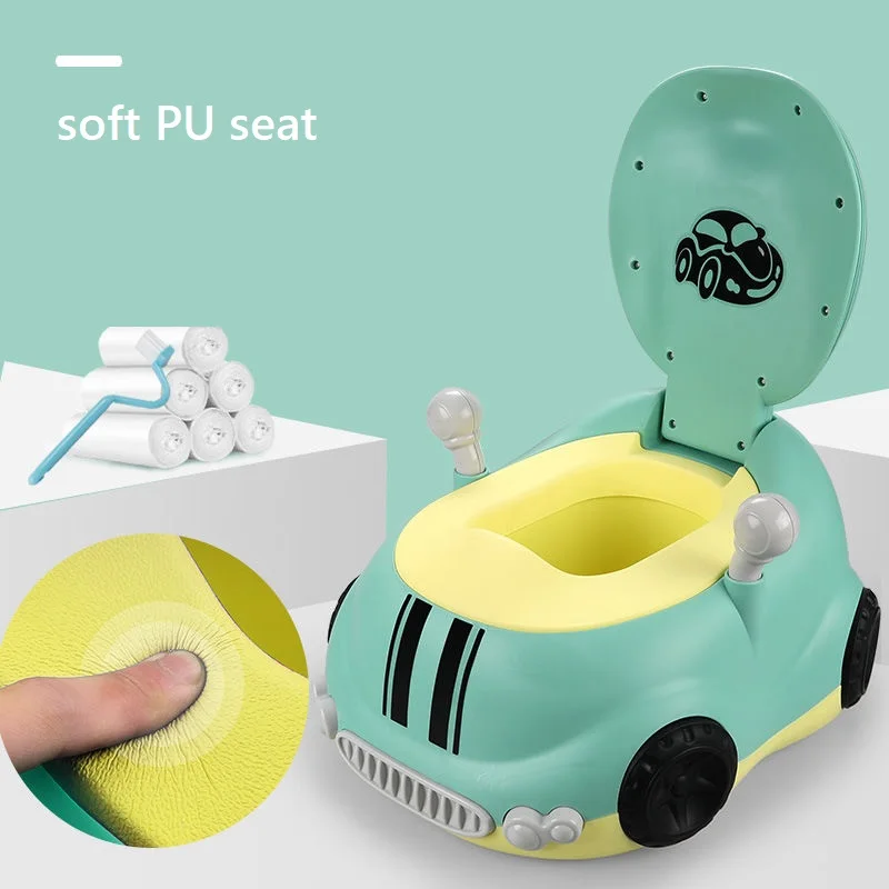 Baby Toilet Seat Cute Car Children's Pot Toilet Portable Training Boy Girls Child Potty Children's Toilet Baby Potty - Цвет: Green with PU seat