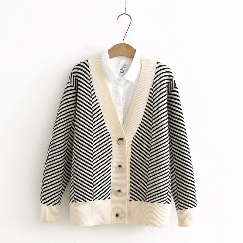 

Women Loose Cardigan Coat stripe single breasted Design Sweater Jacket Casual Knitted Cardigan Top