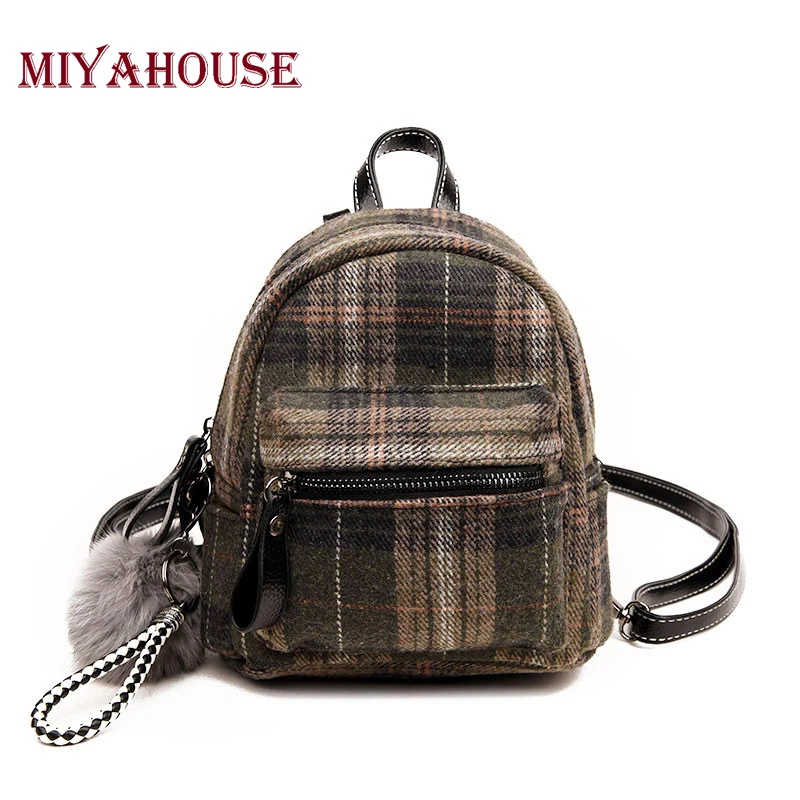 

Miyahouse Fashion Mini Wool Backpack Women Summer Small Plaid Design Backpack or Teenage Girls Shoulder Bag with Hairball