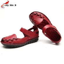 Leather Leisure Shoes Soft Bottom Slip Flat With Hook Loop Cut Outs Casual Middle Aged Mother